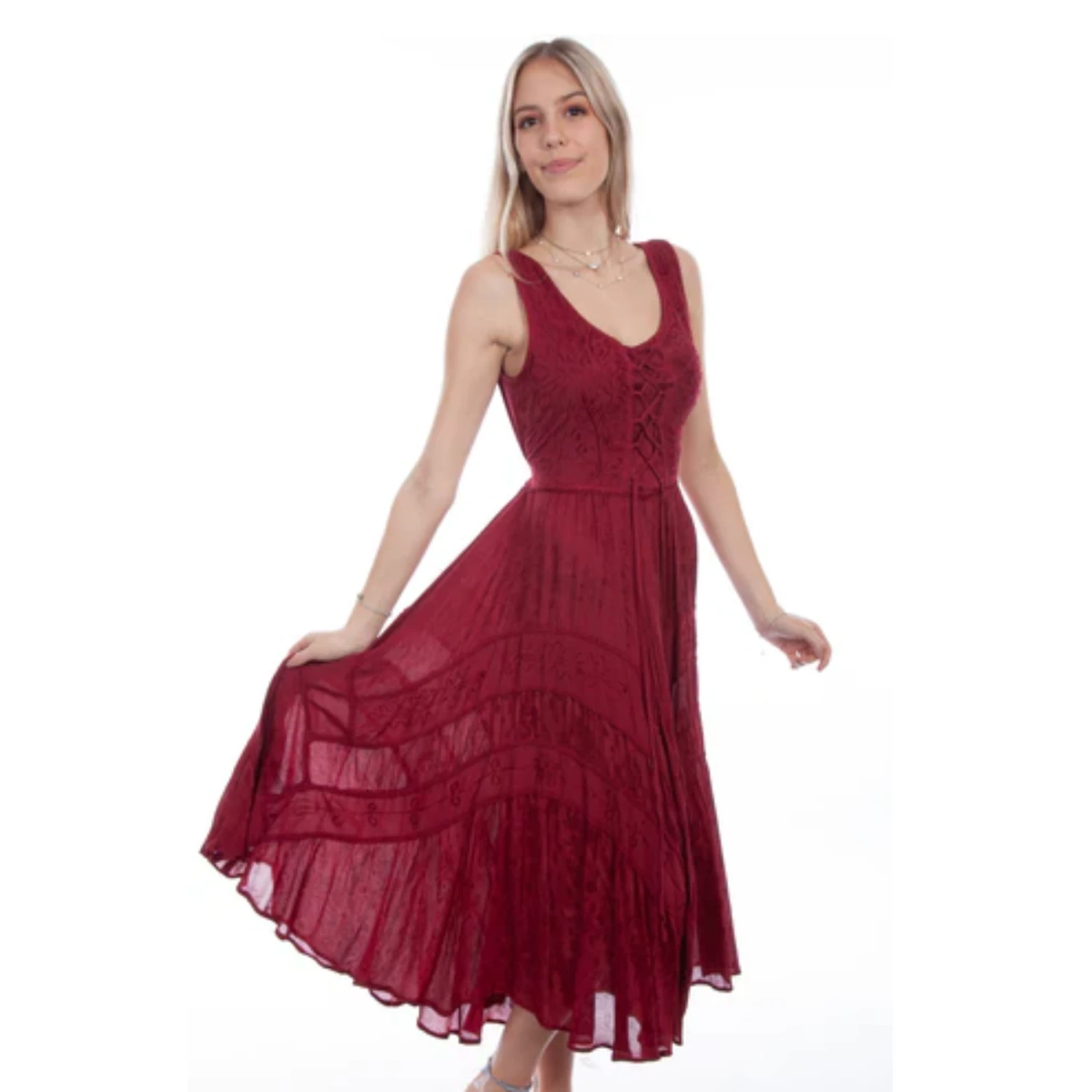 Scully® Ladies Burgundy Lace Up Peasant Tiered Dress HC118-BUR 3 Scully® Ladies Burgundy Lace Up Peasant Tiered Dress HC118-BUR