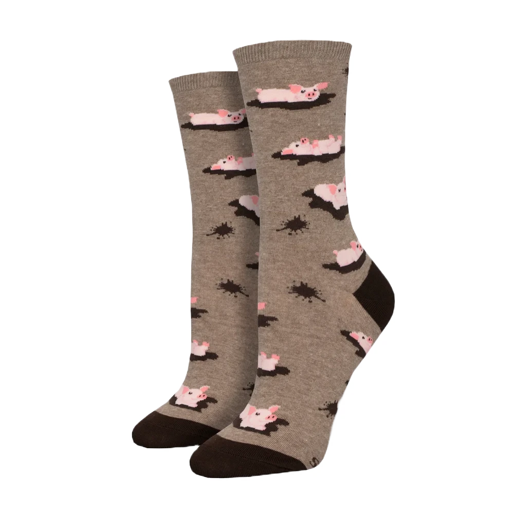 SockSmith Ladies Pig Out Brown Heather Crew Socks WNC2805-HEB 3 SockSmith Ladies Pig Out Brown Heather Crew Socks WNC2805-HEB