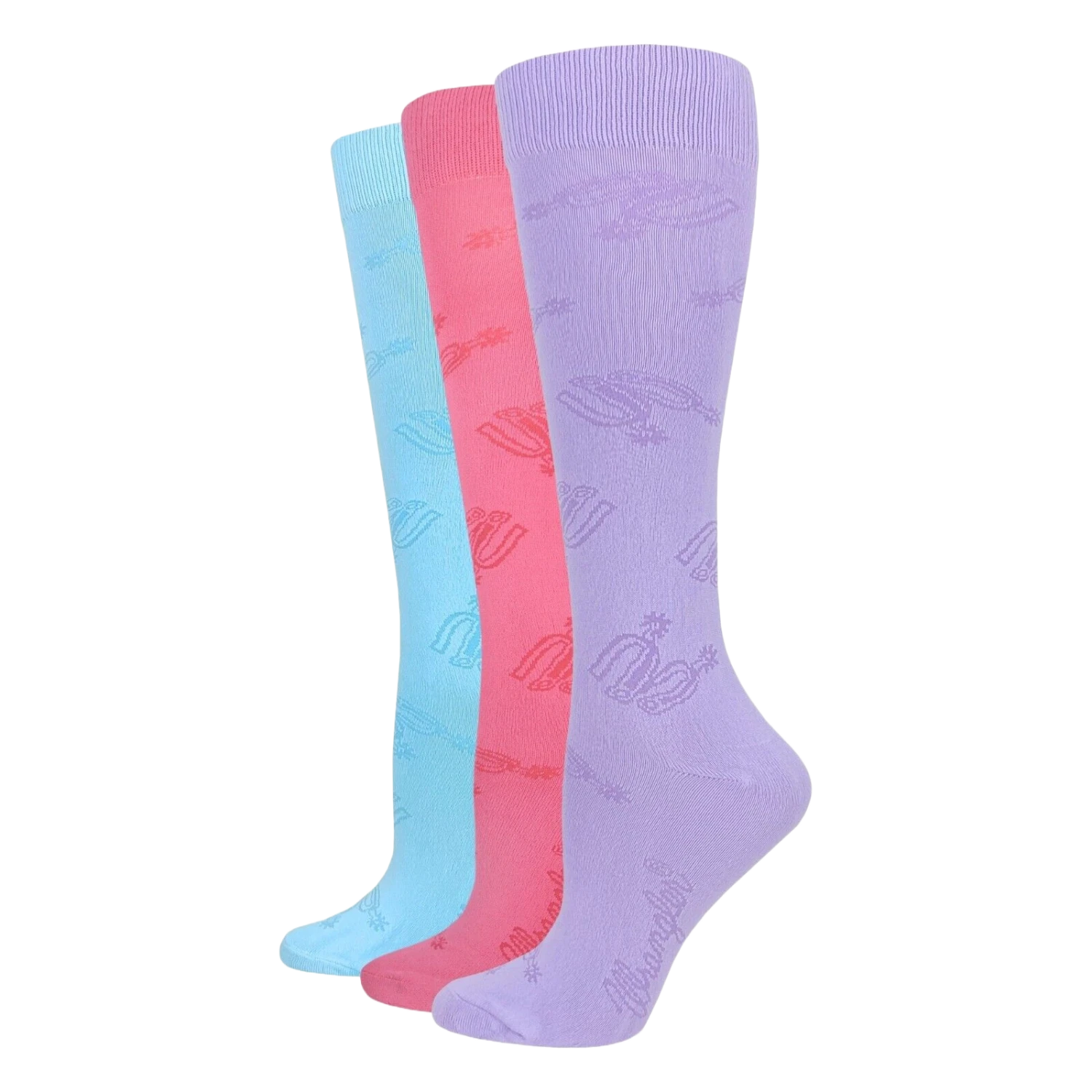 Wrangler® Ladies 3-Pair Spur Strap Pattern Lilac/Light Blue/Pink Knee High Socks 00712-7002-MED 3 Wrangler® Ladies 3-Pair Spur Strap Pattern Lilac/Light Blue/Pink Knee High Socks 00712-7002-MED
