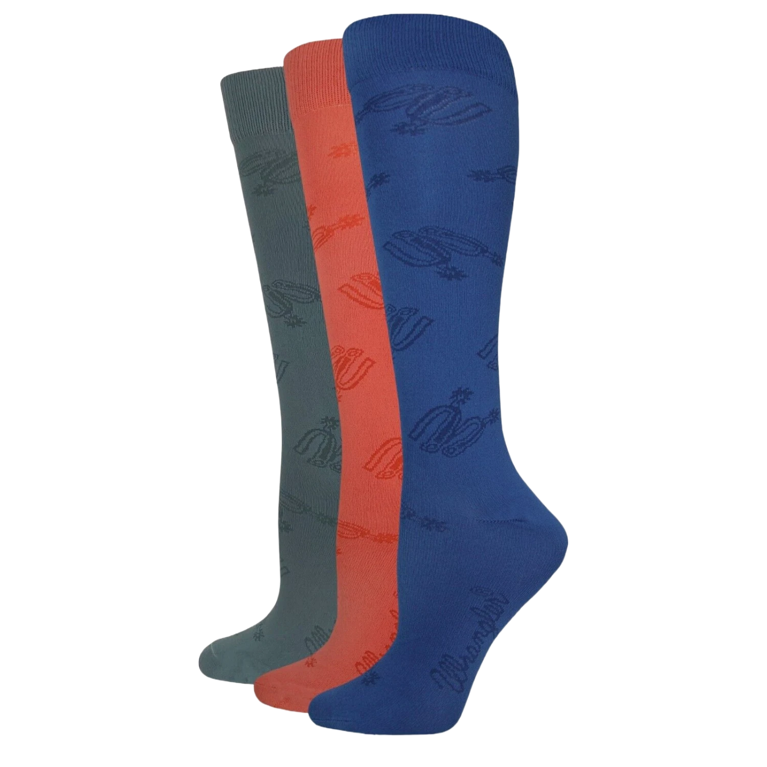 Wrangler® Ladies 3-Pair Spur Strap Pattern Grey/Coral/Denim Knee High Socks 00712-7001-MED 3 Wrangler® Ladies 3-Pair Spur Strap Pattern Grey/Coral/Denim Knee High Socks 00712-7001-MED