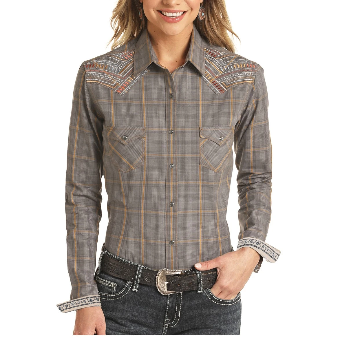Panhandle Rough Stock Ladies Dobby Plaid Dark Grey Snap Shirt R4S1230 3 Panhandle Rough Stock Ladies Dobby Plaid Dark Grey Snap Shirt R4S1230