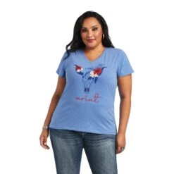 Ariat Women's REAL Tropics Steerhead Blue T-Shirt 10040533 -Western Cowboy Equipment S22 WMS WEST 10040533 front plus
