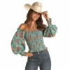 Rock & Roll Denim Ladies Off-Shoulder Floral Printed Shirt RRWT51R0V9 -Western Cowboy Equipment blueblouse