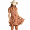 Rock & Roll Ladies Floral Print Rust Off-Shoulder Dress RRWRD0R0V3 -Western Cowboy Equipment rrwrd0r0v3